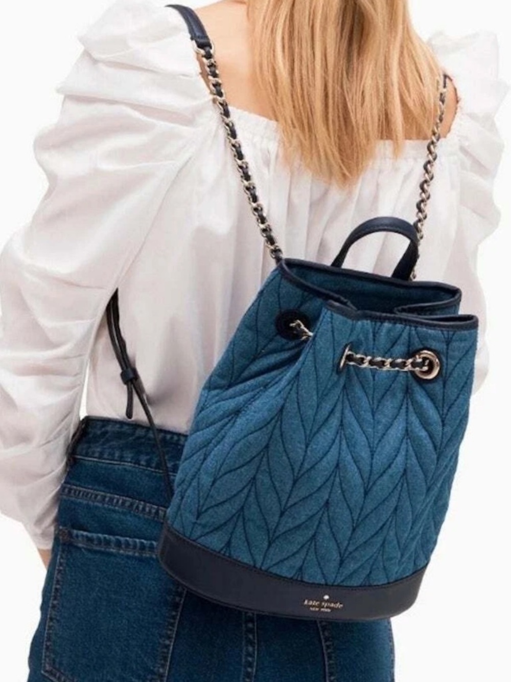 KATE SPADE Denim Quilted Backpack Briar Lane Blue Chain - Picture 2 of 8
